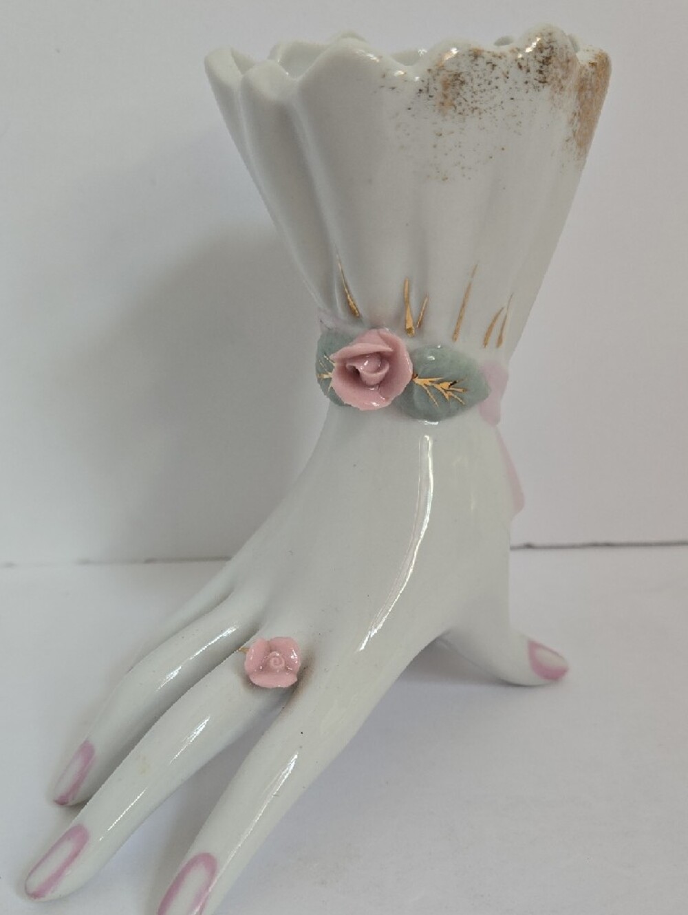 Vintage Hand Vase Pink Roses 4¾ Inch x 4½" Inch Made In Japan - Picture 4 of 16